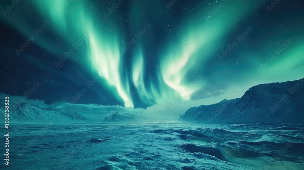 Fototapeta premium Mesmerizing view of glowing auroras dancing across the sky above a frozen tundra, creating a magical and rare natural spectacle