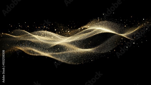 Abstract wave of golden particles flowing on a black background, creating a luxurious and elegant visual suitable for various design projects