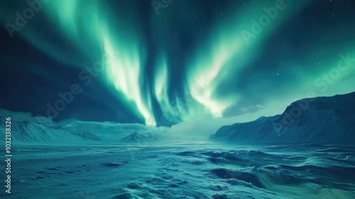 Mesmerizing view of glowing auroras dancing across the sky above a frozen tundra, creating a magical and rare natural spectacle