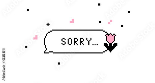 Pixel speech bubble text saying Sorry with flower and confetti. Y2k sticker in pixel art. 8 bit retro style vector background. Simple geometric form. Apologize sign. Game abstract element