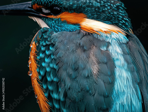 close up of kingfisher bird showcasing its vibrant feathers and intricate details, with droplets of water adding refreshing touch to its plumage. image captures beauty and elegance of this stunning