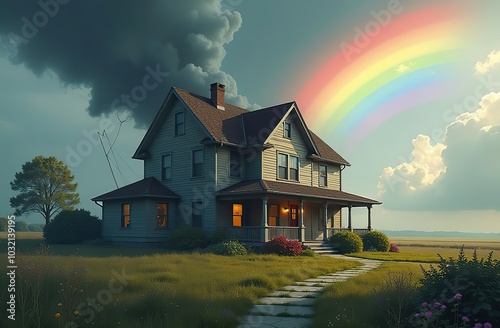 tornado wrecking dorothys house with rainbow in background  photo