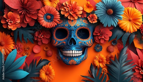 Blue Skull Surrounded by Vibrant Flowers