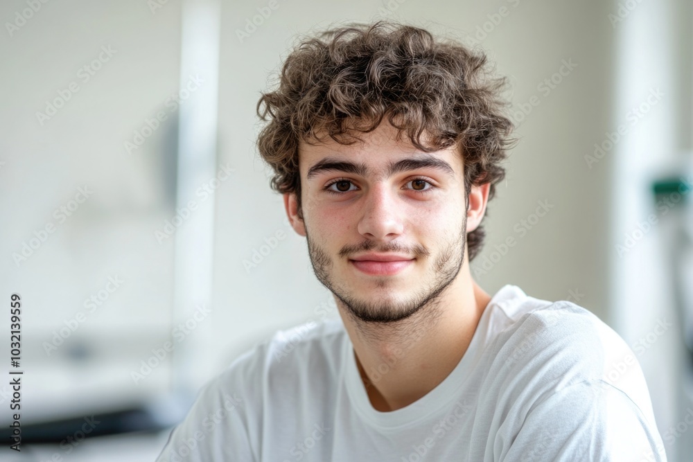A man with curly hair wearing a white shirt, suitable for various occasions A man with curly hair wearing a white shirt, suitable for various occasions