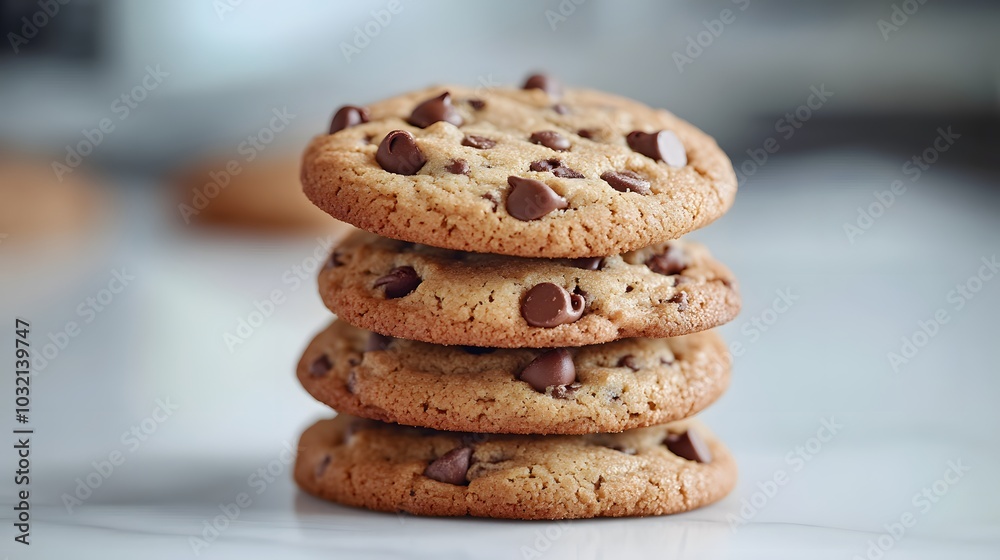 A tempting stack of chocolate chip cookies displayed on a white marble table, highlighted by soft lighting and gourmet food styling, showcasing their delicious texture. A tempting stack of chocolate chip cookies displayed on a white marble table, highlighted by soft lighting and gourmet food styling, showcasing their delicious texture.