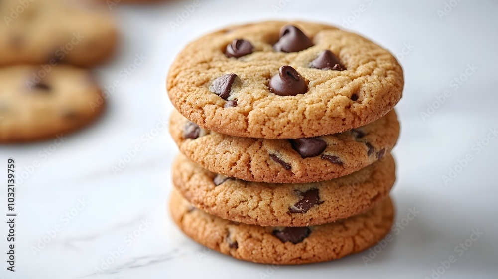 A tempting stack of chocolate chip cookies displayed on a white marble table, highlighted by soft lighting and gourmet food styling, showcasing their delicious texture. A tempting stack of chocolate chip cookies displayed on a white marble table, highlighted by soft lighting and gourmet food styling, showcasing their delicious texture.