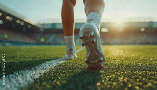 Close-up view of soccer players' legs in motion, showcasing athletic footwear on a grass field during a sunny day, capturing the essence of the sport.