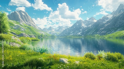 A magical view of a peaceful lake surrounded by towering mountains and vibrant green meadows, under a radiant sky resembling heaven