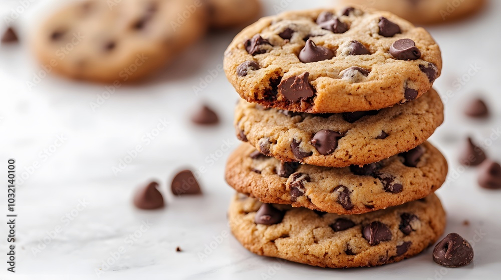 A tempting stack of chocolate chip cookies displayed on a white marble table, highlighted by soft lighting and gourmet food styling, showcasing their delicious texture. A tempting stack of chocolate chip cookies displayed on a white marble table, highlighted by soft lighting and gourmet food styling, showcasing their delicious texture.