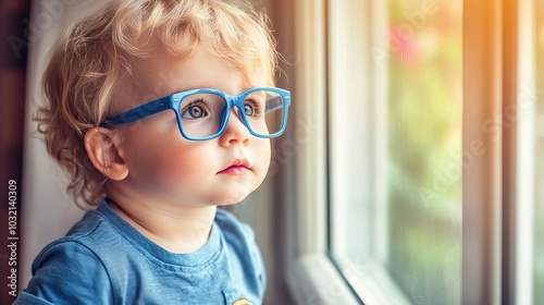 Young child wearing blue glasses focusing on distant tree outside window, symbolizing myopia prevention and importance of outdoor activities.