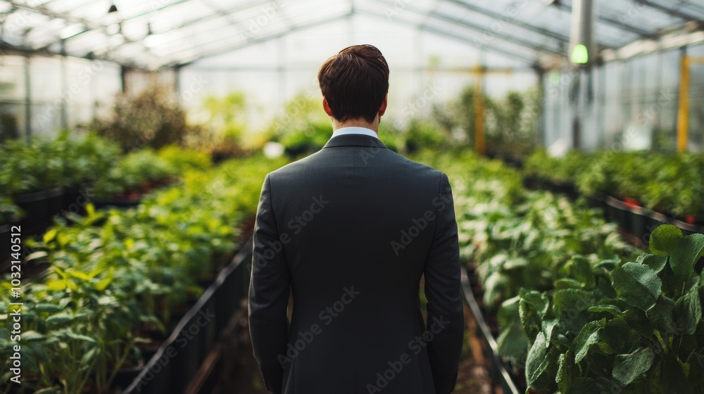 Man in a suit observing plants in a greenhouse on a sunny day Man in a suit observing plants in a greenhouse on a sunny day