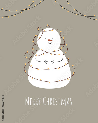 Merry Christmas. Cute snowman with garland. Greeting card, minimalist card, poster, banner. Hand drawn vector illustration