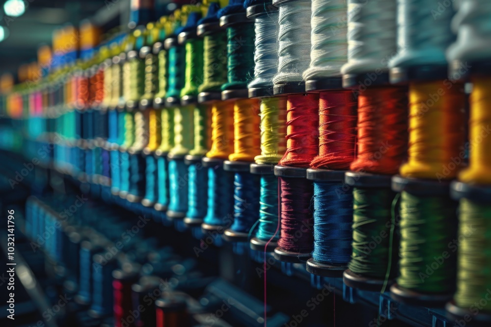 Row of colorful thread spools stacked on a metal rack, ideal for craft or sewing projects Row of colorful thread spools stacked on a metal rack, ideal for craft or sewing projects