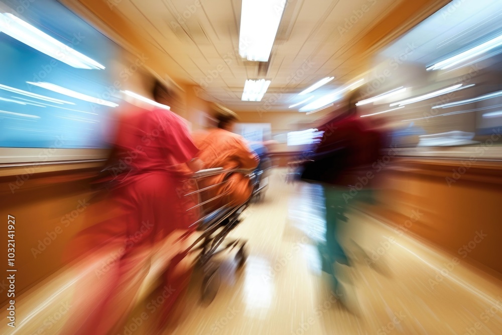 Obraz premium A blurred image of a hospital corridor with a person pushing a gurney, suitable for medical or healthcare related projects