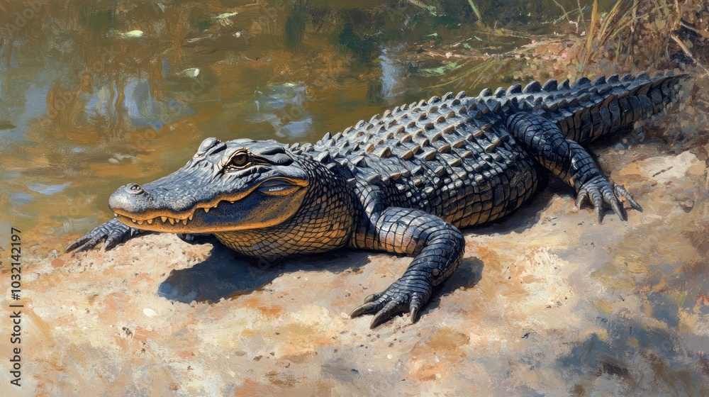Obraz premium American alligator basking in the sun on a riverbank, its rough skin gleaming in the midday heat.