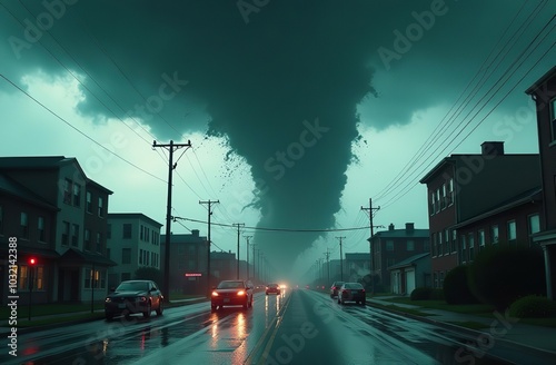 A cinematic portrayal of a tornado striking a city, with cars and debris caught in the powerful wind under dark and stormy skies