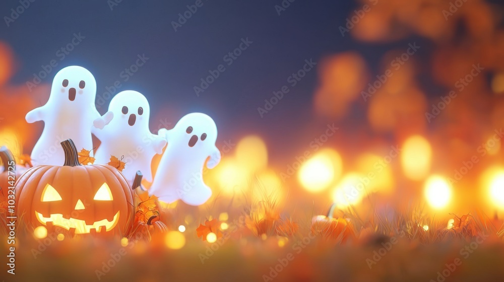 Three cute ghost figures stand beside a carved pumpkin, surrounded by glowing lights and autumn leaves, creating a festive Halloween ambiance. Three cute ghost figures stand beside a carved pumpkin, surrounded by glowing lights and autumn leaves, creating a festive Halloween ambiance.