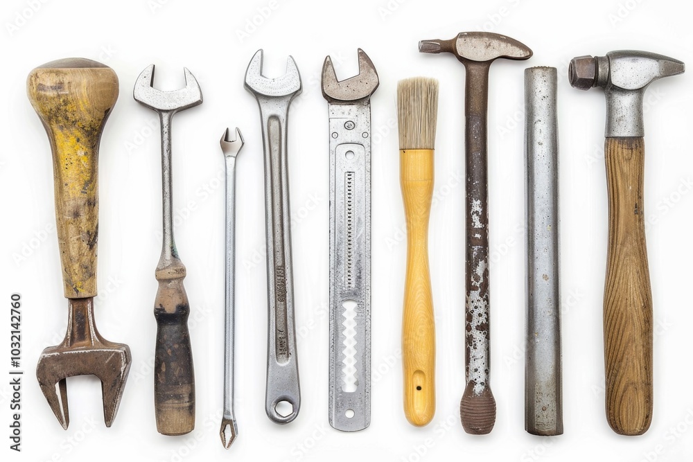 Various tools arranged neatly on a white background, ideal for illustration purposes Various tools arranged neatly on a white background, ideal for illustration purposes