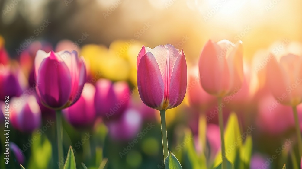 Bright Tulip Field with Golden Sunrise Glow Bright Tulip Field with Golden Sunrise Glow