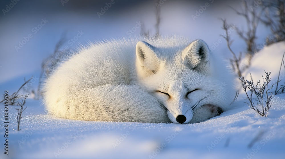 Arctic fox curled up in the snow, its white fur blending with the frozen landscape, eyes half-closed in rest. Arctic fox curled up in the snow, its white fur blending with the frozen landscape, eyes half-closed in rest.