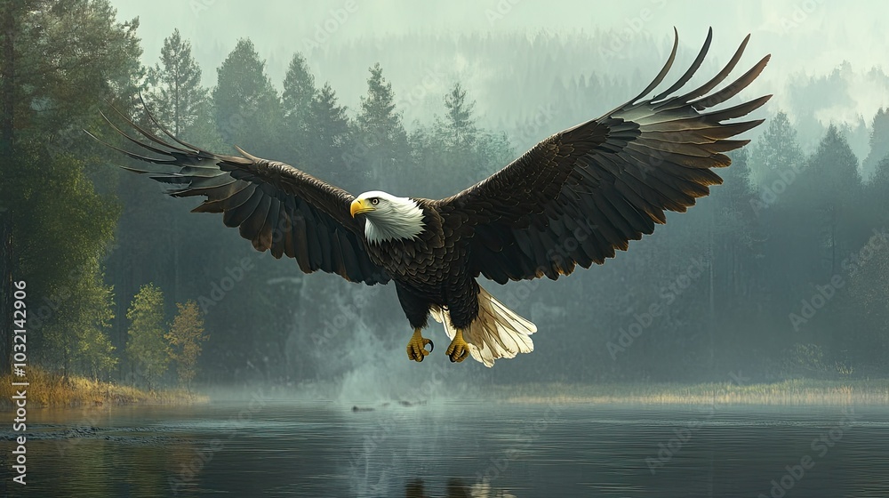 Obraz premium Bald eagle diving towards a lake, talons extended as it goes in for the catch.