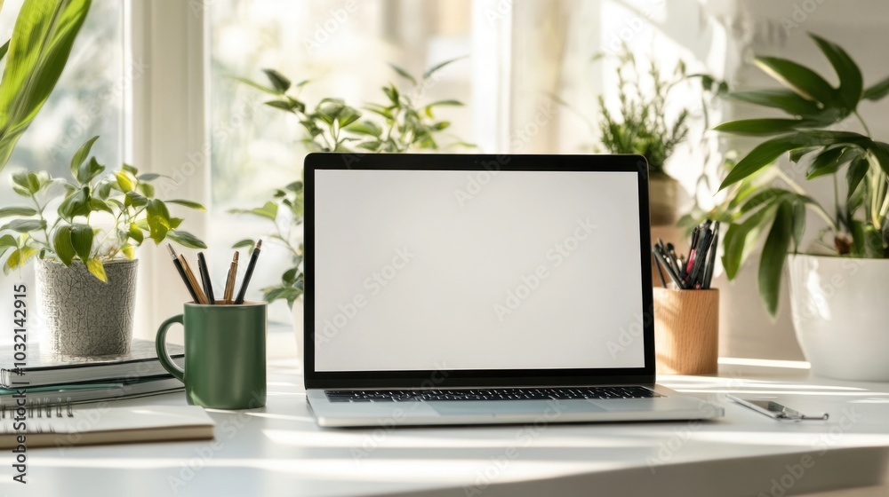 Laptop on a White Desk with Plants