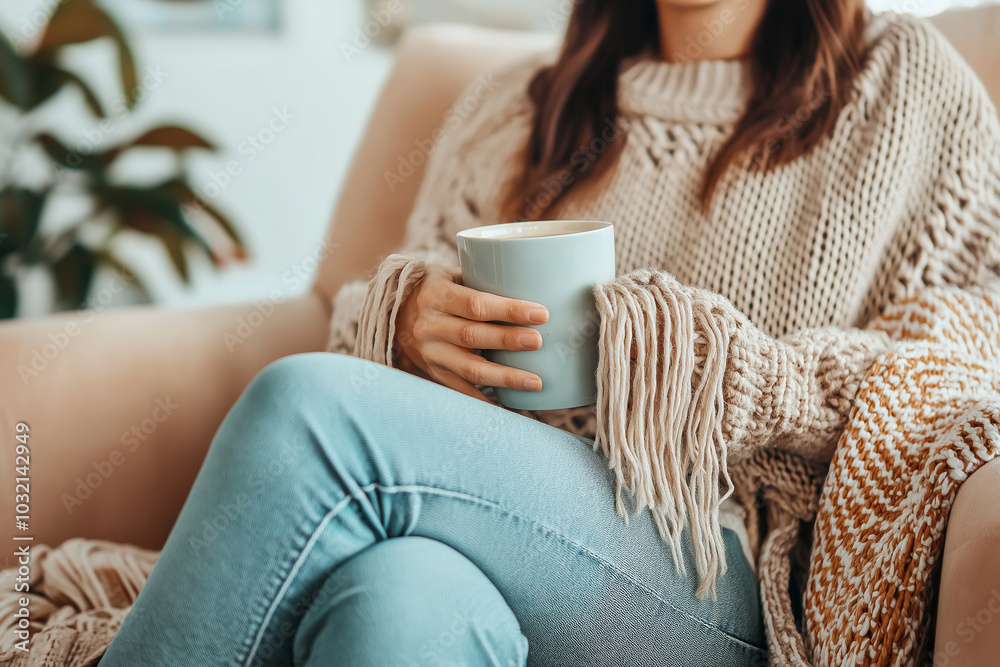 A woman relaxes in a comfy sweater with a mug of warm tea, embodying cozy warmth and casual comfort indoors. A woman relaxes in a comfy sweater with a mug of warm tea, embodying cozy warmth and casual comfort indoors.