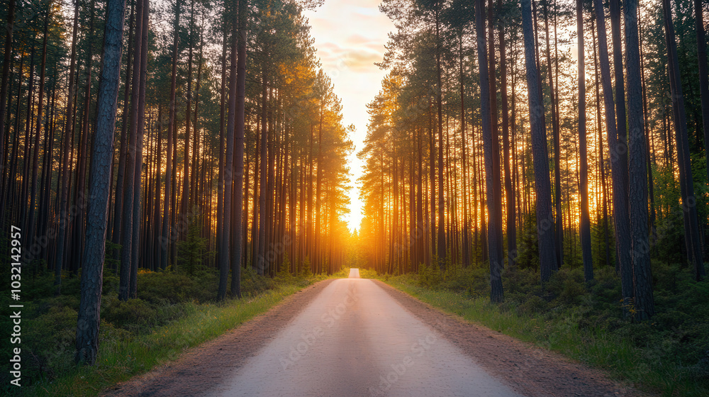 Obraz premium Serene sunrise along a winding road, enveloped by towering pine trees, warm golden light filtering through branches, inviting tranquility and reflection
