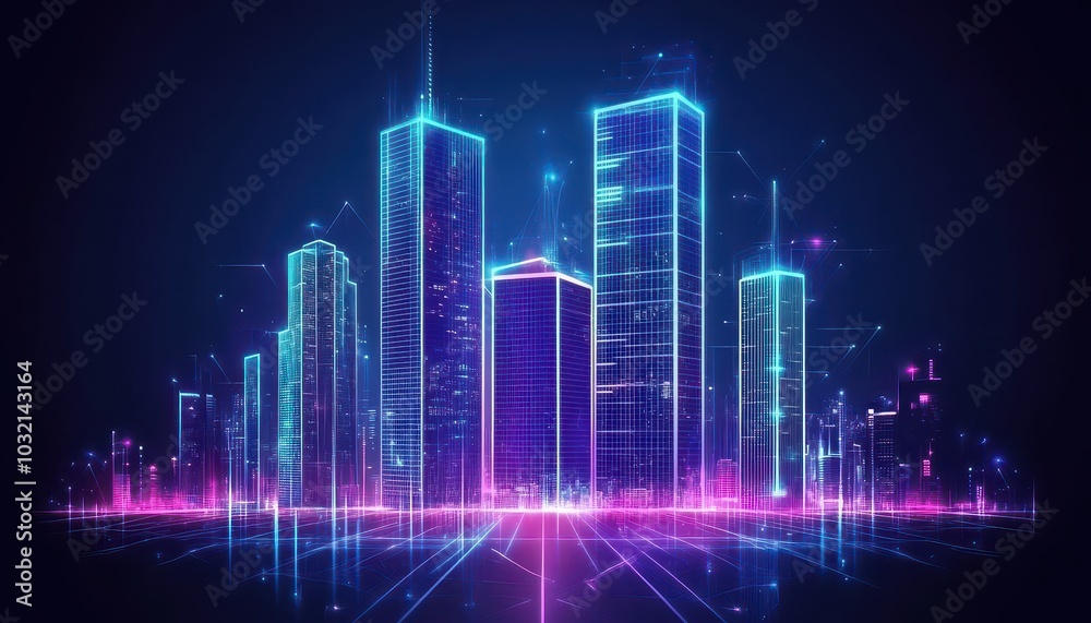 Futuristic neon mega city towers glowing in a vibrant night life atmosphere