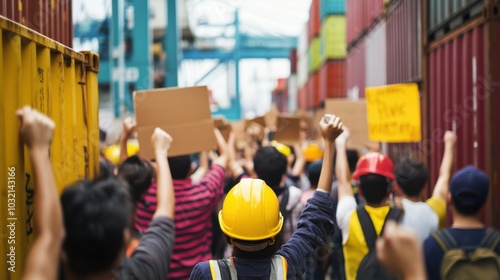 Workers protesting at a busy port. Featuring bright banners advocating for labor rights. Emphasizing the critical need for fair treatment in the shipping sector. Ideal for journalistic coverage photo