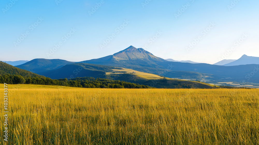 Fototapeta premium Majestic Mountain Vista, breathtaking peaks rise against a clear blue sky, inviting exploration and adventure, vast open space for imagination and inspiration.