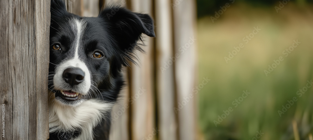 A joyful Border Collie playfully peeks around a wooden fence, showcasing its lively and intelligent nature. A joyful Border Collie playfully peeks around a wooden fence, showcasing its lively and intelligent nature.