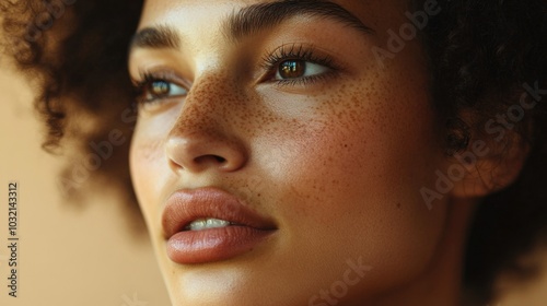 A close-up shot of a woman's face with visible freckles, suitable for use in personal or professional settings where a unique and natural beauty is required