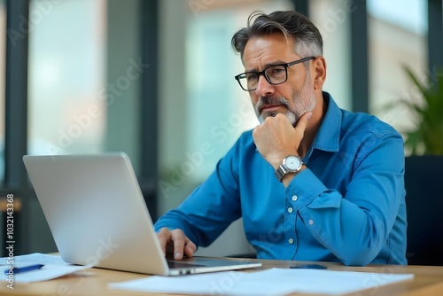 Busy middle aged business man executive wearing shirt and glasses sitting at desk using laptop. Mature serious professional businessman manager working looking at computer technology in office