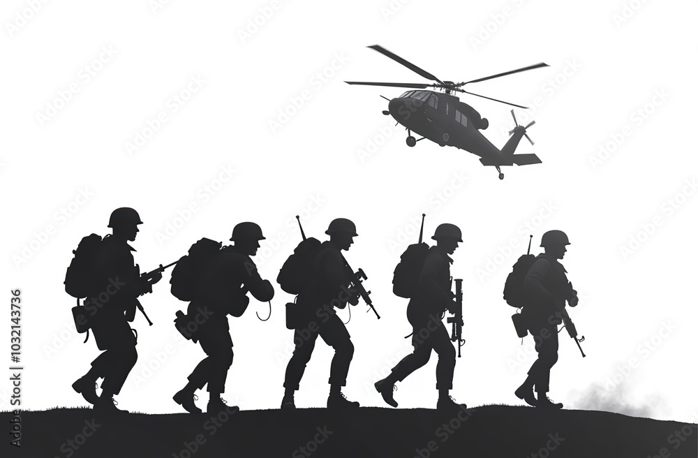 Five soldiers, silhouetted against a white background, march toward a Black Hawk helicopter hovering overhead Five soldiers, silhouetted against a white background, march toward a Black Hawk helicopter hovering overhead