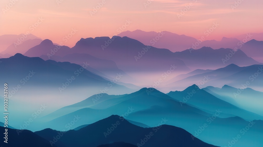 Obraz premium Enigmatic Dawn Over Shrouded Peaks, thick smog enveloping majestic mountains at sunrise, an ethereal and surreal landscape where nature's beauty meets mystery