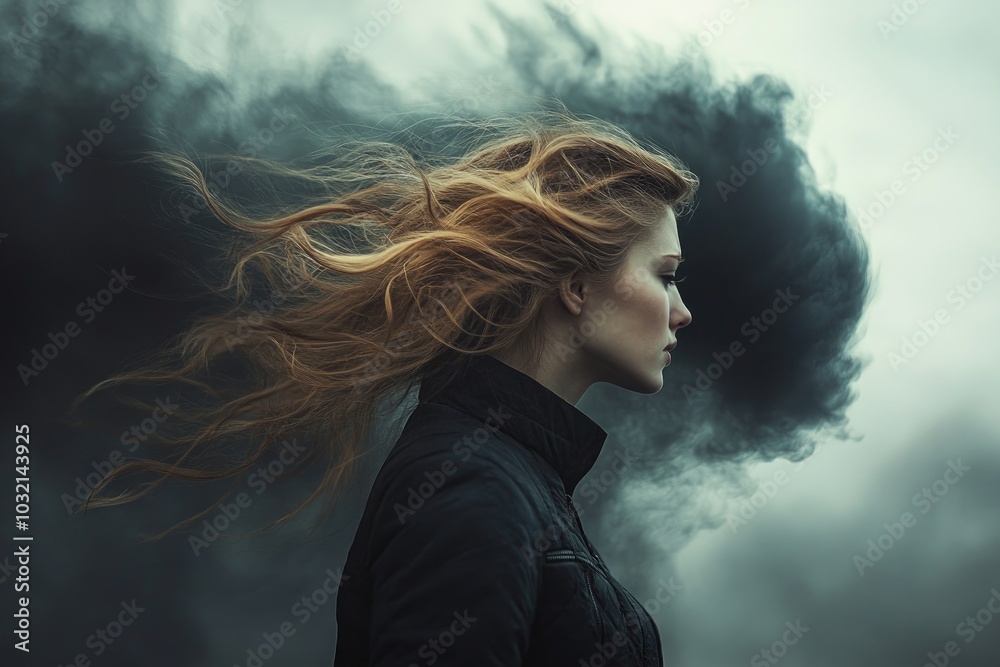 Young woman with long hair flowing in wind and black smoke cloud behind her Young woman with long hair flowing in wind and black smoke cloud behind her