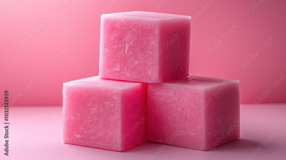 Three pink sugar cubes stacked in a pyramid on a pink background.