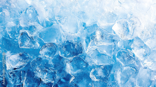 close-up of ice cubes, displaying their clear and frosted surfaces. The light blue tint creates a refreshing and cold atmosphere, perfect for conveying chill or coolness