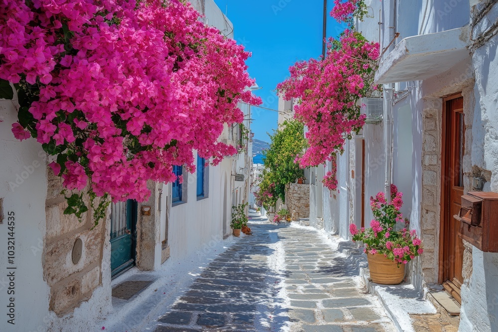 Obraz premium Picturesque narrow street covered in flowers in a greek island