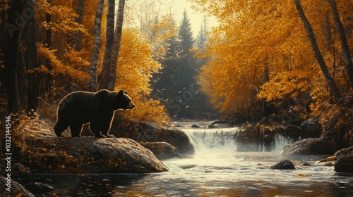 Wallpaper Mural Black bear standing near a flowing stream, surrounded by autumn trees, ready to catch fish from the river in the wilderness. Torontodigital.ca