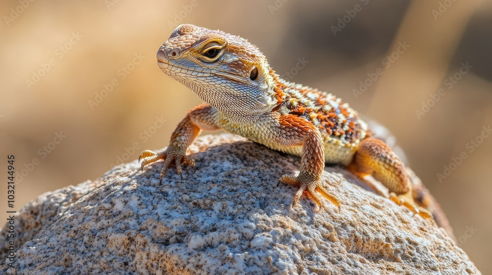 Close-up of a lizard sunbathing on a rock in the desert. Close-up of a lizard sunbathing on a rock in the desert.