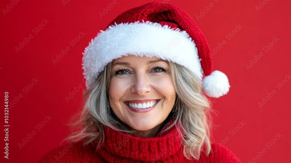 A smiling woman wearing a red sweater and a festive Santa hat against a vibrant red background during the holiday season A smiling woman wearing a red sweater and a festive Santa hat against a vibrant red background during the holiday season