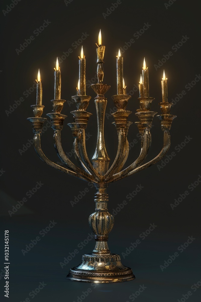 A silver menorah with five lit candles, perfect for Hanukkah or Jewish celebrations A silver menorah with five lit candles, perfect for Hanukkah or Jewish celebrations