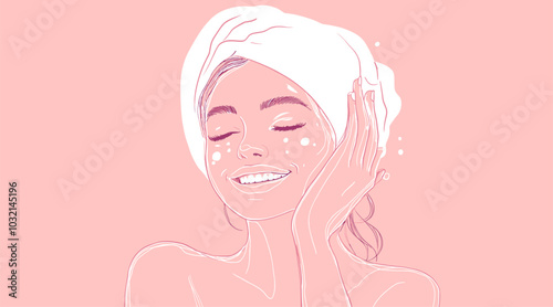 vector portrait girl on head towel hands hug face pink background .Generative AI