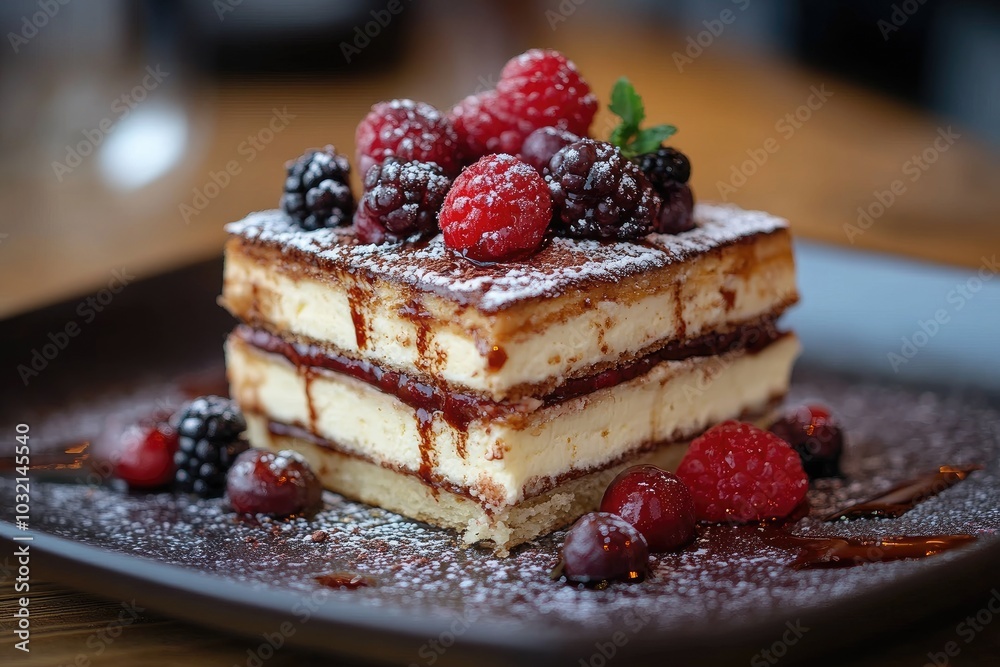 Delicious mille feuille cake being decorated with berries and powdered sugar