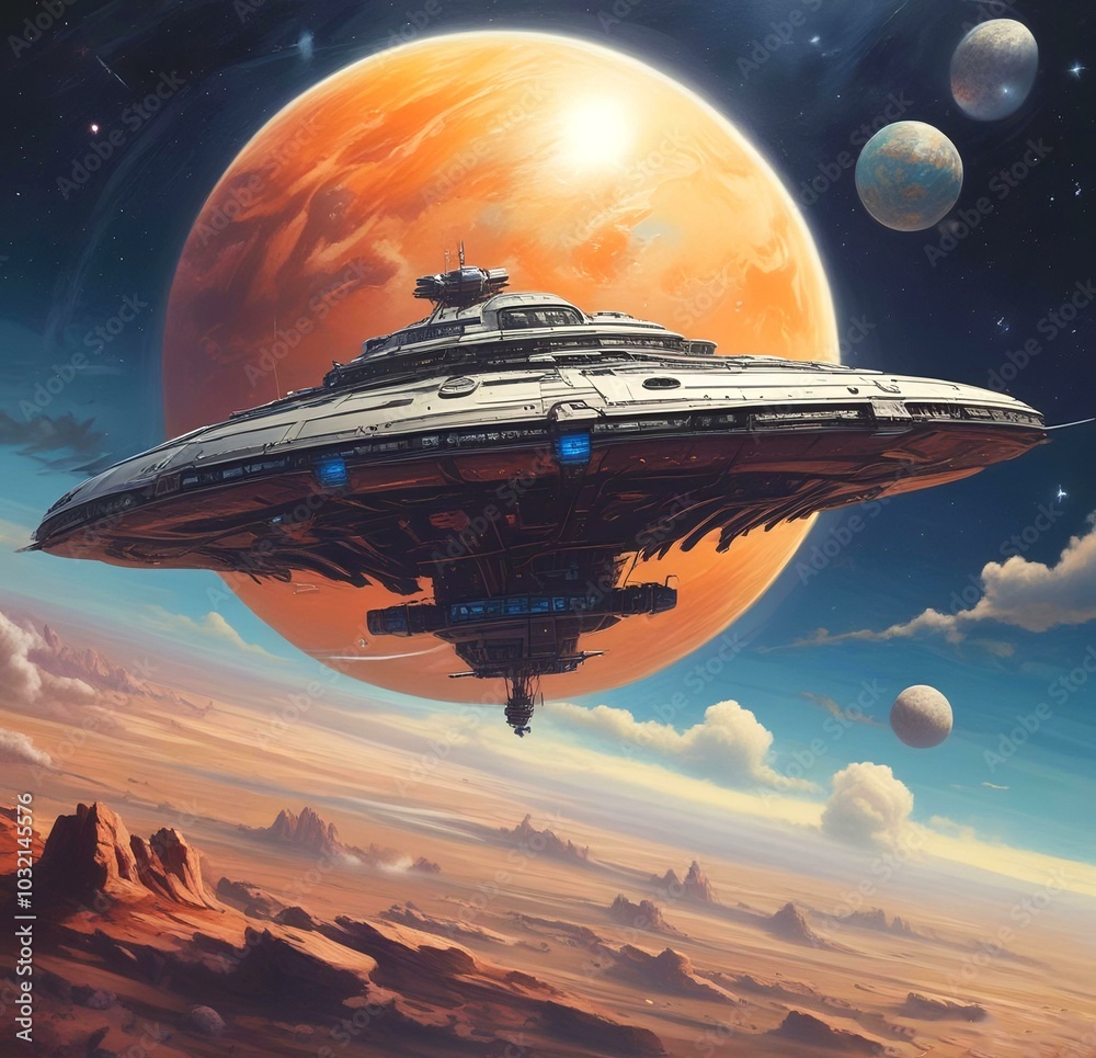 Illustration of spaceship with large planet behind. Illustration of spaceship with large planet behind.
