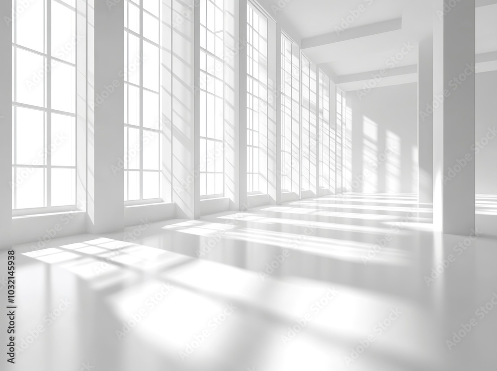 Sunlight Streaming Through Windows in Modern White Room Sunlight Streaming Through Windows in Modern White Room