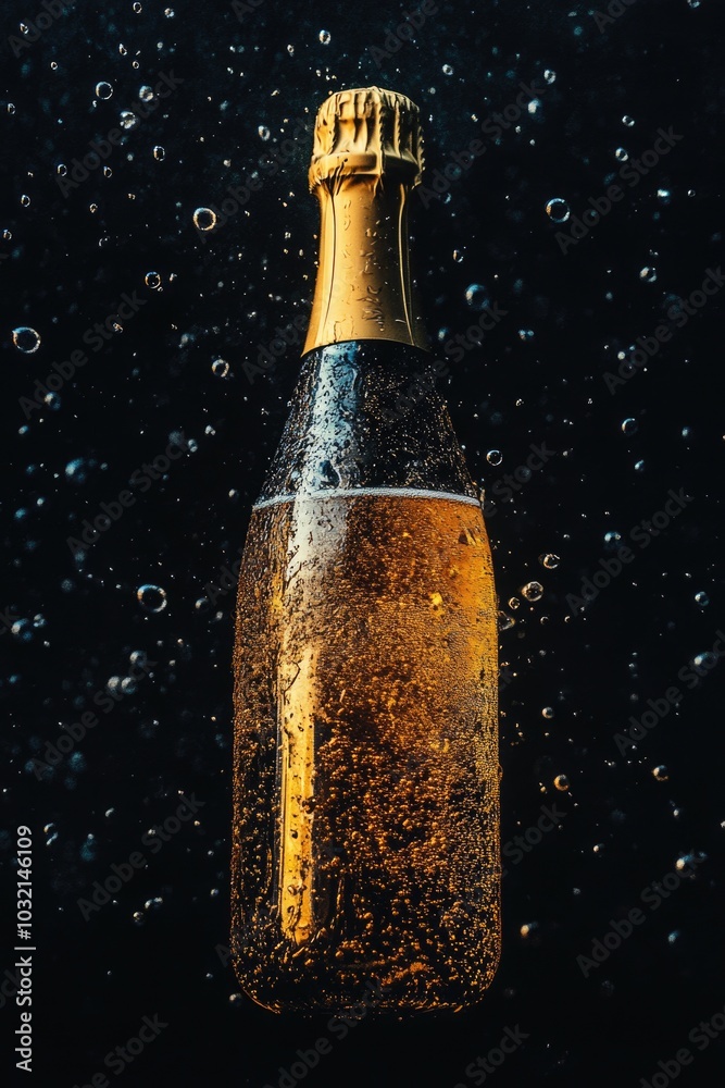 A close-up view of a bottle of beer with bubbles forming on the surface A close-up view of a bottle of beer with bubbles forming on the surface