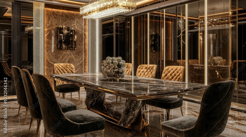 A sophisticated dining room featuring an extravagant marble table A sophisticated dining room featuring an extravagant marble table